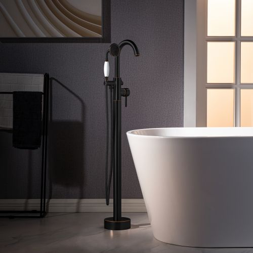 WOODBRIDGE F0027ORBVT Fusion Single Handle Floor Mount Freestanding Tub Filler Faucet with Telephone Hand shower in Oil Rubbed Bronze Finish.