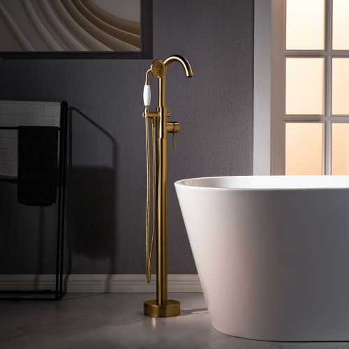 WOODBRIDGE F0026BGVT Fusion Single Handle Floor Mount Freestanding Tub Filler Faucet with Telephone Hand shower in Brushed Gold Finish.