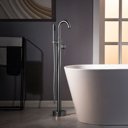 WOODBRIDGE F0024CHRD Contemporary Single Handle Floor Mount Freestanding Tub Filler Faucet with Cylinder Shape Hand shower in Polished Chrome Finish.