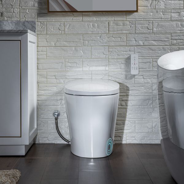 WOODBRIDGE B0970S Smart Bidet Tankless Toilet Elongated One Piece Chair Height, Auto Flush, Foot Sensor Operation, Heated Seat with Integrated Multi Function Remote Control in White