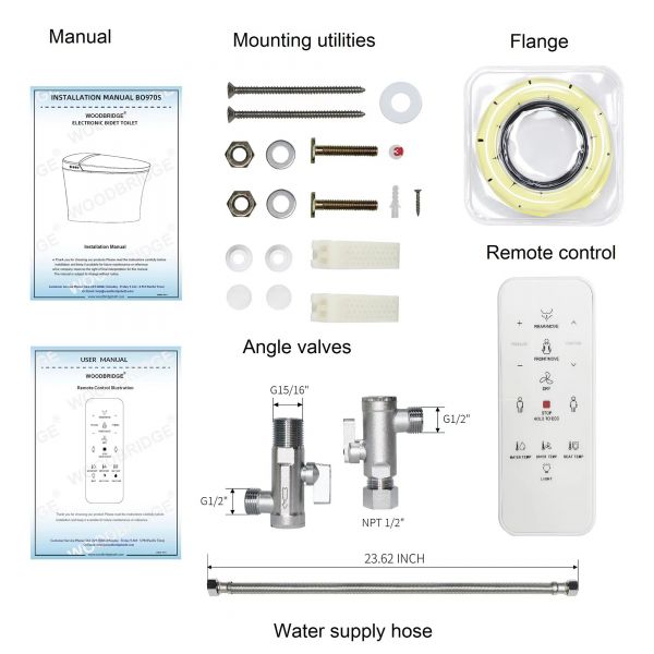  WOODBRIDGE B0970S Smart Bidet Tankless Toilet Elongated One Piece Chair Height, Auto Flush, Foot Sensor Operation, Heated Seat with Integrated Multi Function Remote Control in White_12170