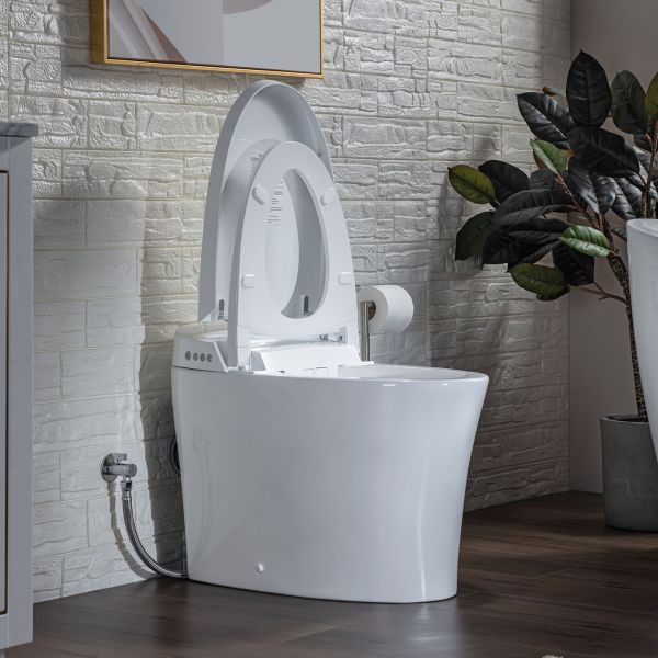  WOODBRIDGE B0970S Smart Bidet Tankless Toilet Elongated One Piece Chair Height, Auto Flush, Foot Sensor Operation, Heated Seat with Integrated Multi Function Remote Control in White