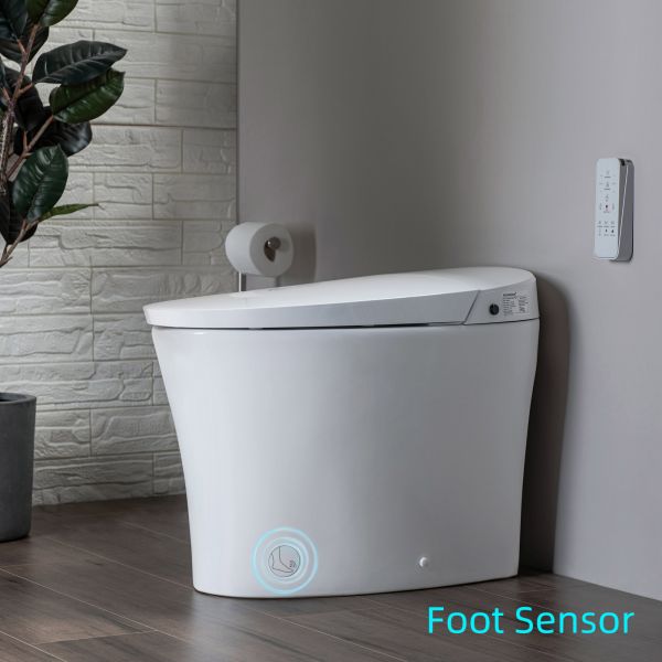  WOODBRIDGE B0970S Smart Bidet Tankless Toilet Elongated One Piece Chair Height, Auto Flush, Foot Sensor Operation, Heated Seat with Integrated Multi Function Remote Control in White