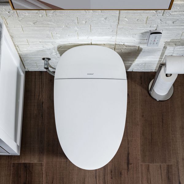  WOODBRIDGE B0970S Smart Bidet Tankless Toilet Elongated One Piece Chair Height, Auto Flush, Foot Sensor Operation, Heated Seat with Integrated Multi Function Remote Control in White_12176