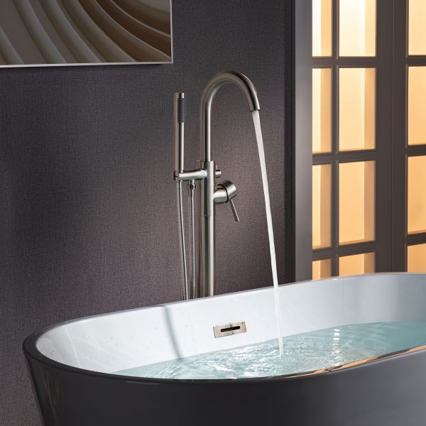  WOODBRIDGE F0023BNRD Contemporary Single Handle Floor Mount Freestanding Tub Filler Faucet with Cylinder Shape Hand shower in Brushed Nickel Finish._12183