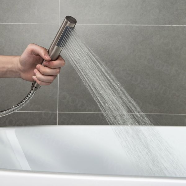  WOODBRIDGE F0023BNRD Contemporary Single Handle Floor Mount Freestanding Tub Filler Faucet with Cylinder Shape Hand shower in Brushed Nickel Finish._12185