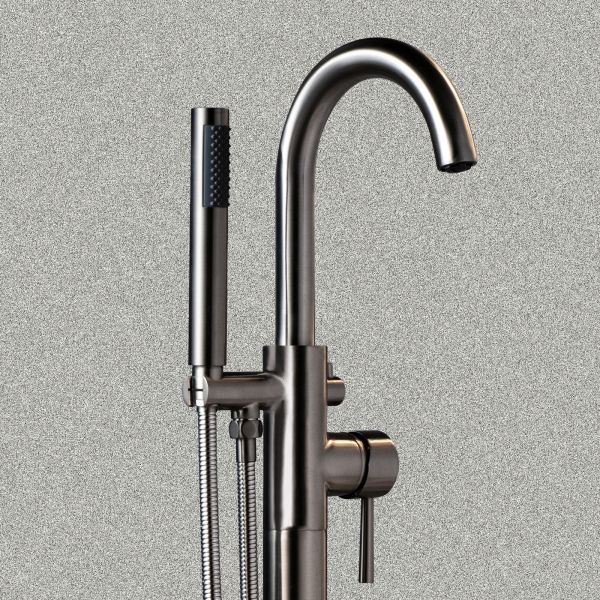  WOODBRIDGE F0023BNRD Contemporary Single Handle Floor Mount Freestanding Tub Filler Faucet with Cylinder Shape Hand shower in Brushed Nickel Finish._12187