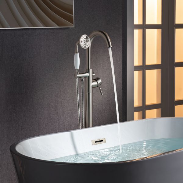  WOODBRIDGE F0023BNVT Fusion Single Handle Floor Mount Freestanding Tub Filler Faucet with Telephone Hand shower in Brushed Nickel Finish._12189