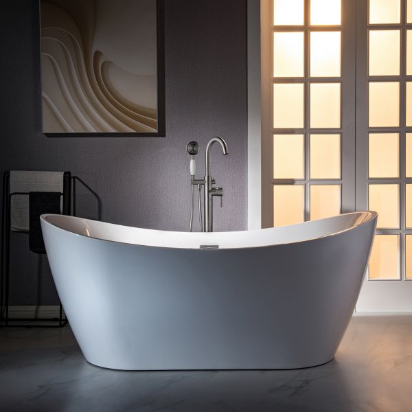  WOODBRIDGE F0023BNVT Fusion Single Handle Floor Mount Freestanding Tub Filler Faucet with Telephone Hand shower in Brushed Nickel Finish._12190