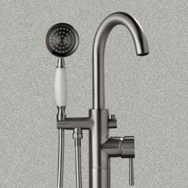 WOODBRIDGE F0023BNVT Fusion Single Handle Floor Mount Freestanding Tub Filler Faucet with Telephone Hand shower in Brushed Nickel Finish.