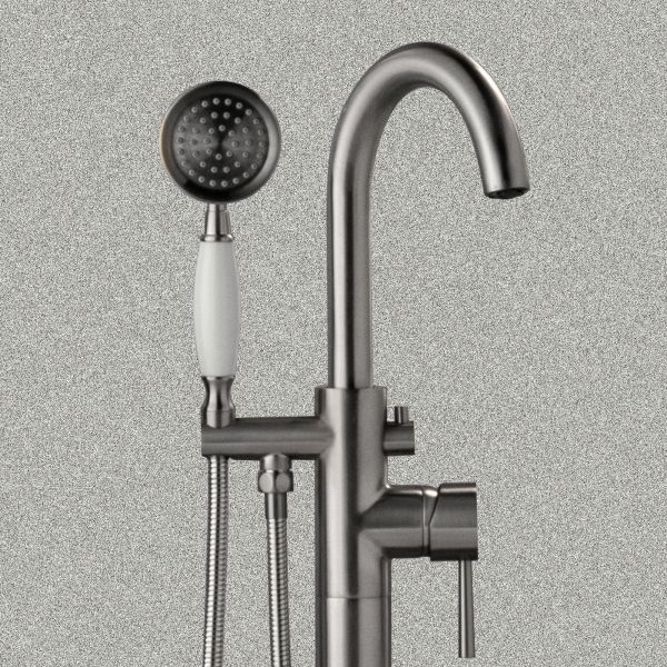  WOODBRIDGE F0023BNVT Fusion Single Handle Floor Mount Freestanding Tub Filler Faucet with Telephone Hand shower in Brushed Nickel Finish._12193