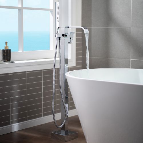WOODBRIDGE F0036CH Contemporary Single Handle Floor Mount Freestanding Tub Filler Faucet with Hand shower in Polished Chrome Finish.