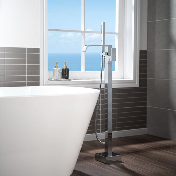 WOODBRIDGE F0036CH Contemporary Single Handle Floor Mount Freestanding Tub Filler Faucet with Hand shower in Polished Chrome Finish._12201