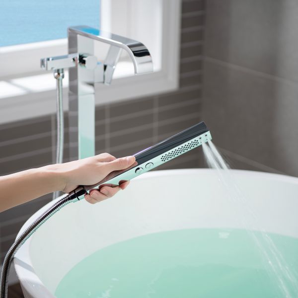  WOODBRIDGE F0036CH Contemporary Single Handle Floor Mount Freestanding Tub Filler Faucet with Hand shower in Polished Chrome Finish._12203