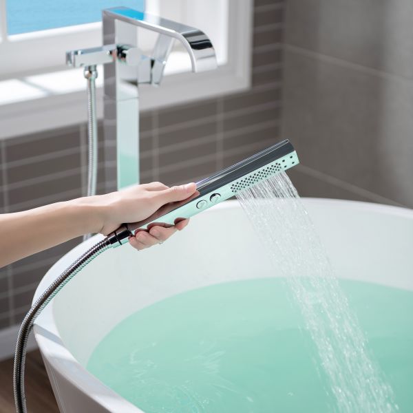  WOODBRIDGE F0036CH Contemporary Single Handle Floor Mount Freestanding Tub Filler Faucet with Hand shower in Polished Chrome Finish._12204