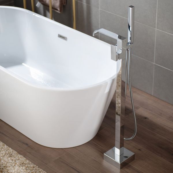 WOODBRIDGE F0036CH Contemporary Single Handle Floor Mount Freestanding Tub Filler Faucet with Hand shower in Polished Chrome Finish.
