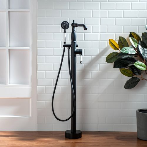 WOODBRIDGE F0048MB Fusion Single Handle Floor Mount Freestanding Tub Filler Faucet with Telephone Hand shower in Matte Black Finish