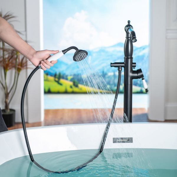  WOODBRIDGE F0048MB Fusion Single Handle Floor Mount Freestanding Tub Filler Faucet with Telephone Hand shower in Matte Black Finish_12265