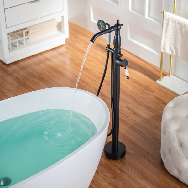 WOODBRIDGE F0048MB Fusion Single Handle Floor Mount Freestanding Tub Filler Faucet with Telephone Hand shower in Matte Black Finish
