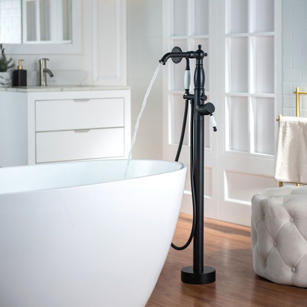  WOODBRIDGE F0048MB Fusion Single Handle Floor Mount Freestanding Tub Filler Faucet with Telephone Hand shower in Matte Black Finish_12269