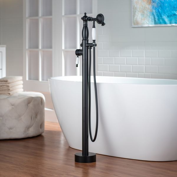  WOODBRIDGE F0048MB Fusion Single Handle Floor Mount Freestanding Tub Filler Faucet with Telephone Hand shower in Matte Black Finish