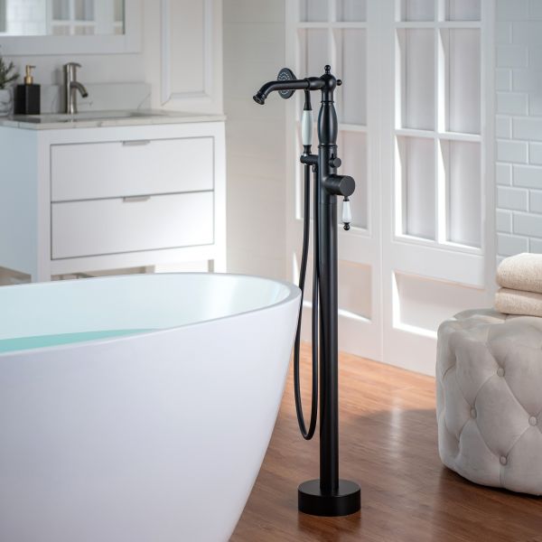  WOODBRIDGE F0048MB Fusion Single Handle Floor Mount Freestanding Tub Filler Faucet with Telephone Hand shower in Matte Black Finish_12272