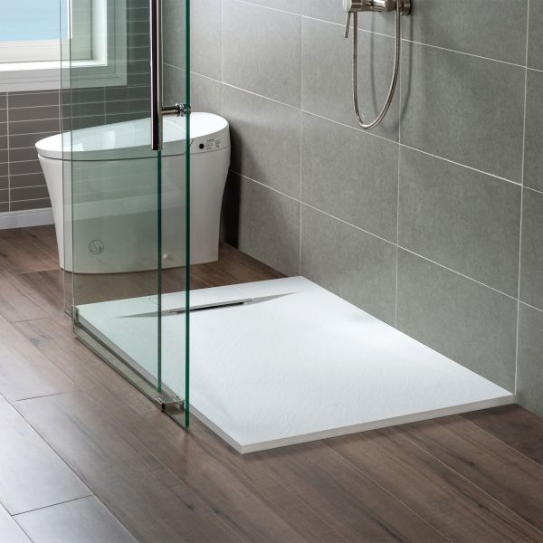 WOODBRIDGE 48-in L x 32-in W Zero Threshold End Drain Shower Base with Reversable Drain Placement, Matching Decorative Drain Plate and Tile Flange, Wheel Chair Access, Low Profile, White