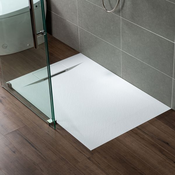  WOODBRIDGE 48-in L x 32-in W Zero Threshold End Drain Shower Base with Reversable Drain Placement, Matching Decorative Drain Plate and Tile Flange, Wheel Chair Access, Low Profile, White_12343