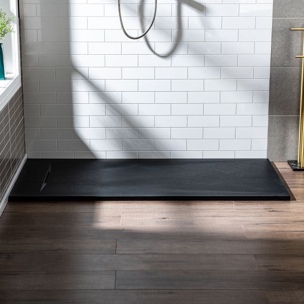  WOODBRIDGE 48-in L x 32-in W Zero Threshold End Drain Shower Base with Reversable Drain Placement, Matching Decorative Drain Plate and Tile Flange, Wheel Chair Access, Low Profile, Black_12363