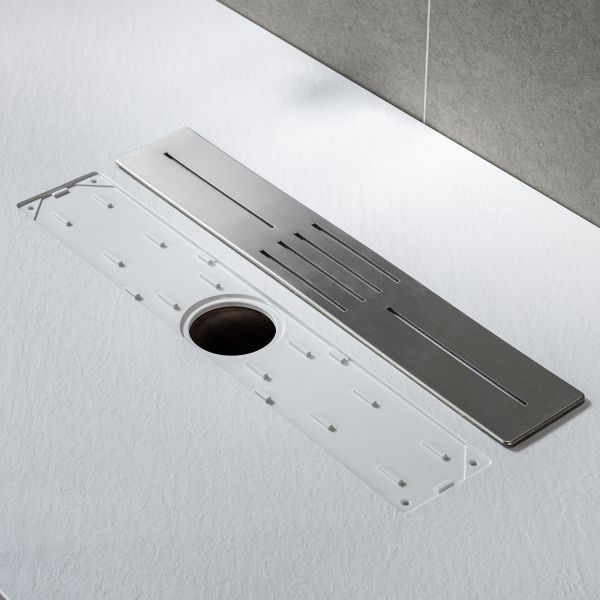  WOODBRIDGE 48-in L x 32-in W Zero Threshold End Drain Shower Base with Center Drain Placement, Matching Decorative Drain Plate and Tile Flange, Wheel Chair Access, Low Profile, White_12463