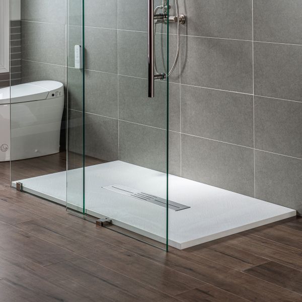  WOODBRIDGE 48-in L x 32-in W Zero Threshold End Drain Shower Base with Center Drain Placement, Matching Decorative Drain Plate and Tile Flange, Wheel Chair Access, Low Profile, White_12465