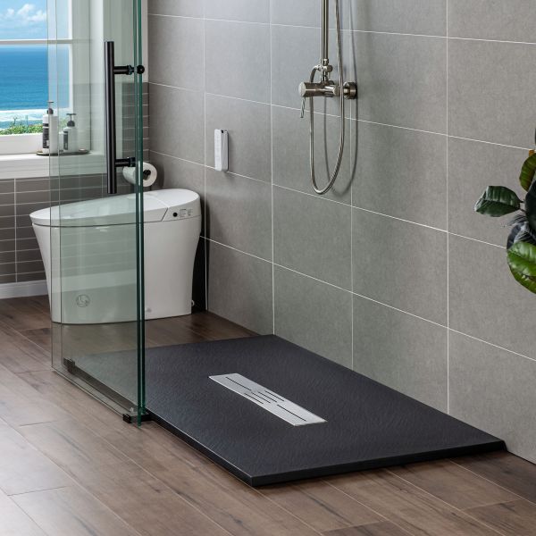  WOODBRIDGE 48-in L x 32-in W Zero Threshold End Drain Shower Base with Center Drain Placement, Matching Decorative Drain Plate and Tile Flange, Wheel Chair Access, Low Profile, Black_12471