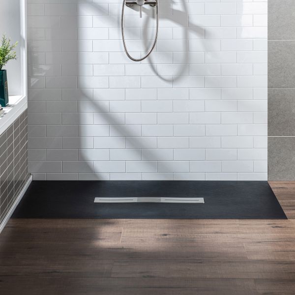  WOODBRIDGE 48-in L x 32-in W Zero Threshold End Drain Shower Base with Center Drain Placement, Matching Decorative Drain Plate and Tile Flange, Wheel Chair Access, Low Profile, Black_12484
