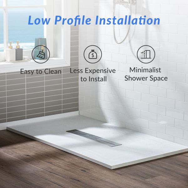  WOODBRIDGE 60-in L x 32-in W Zero Threshold End Drain Shower Base with Center Drain Placement, Matching Decorative Drain Plate and Tile Flange, Wheel Chair Access, Low Profile, White_12491