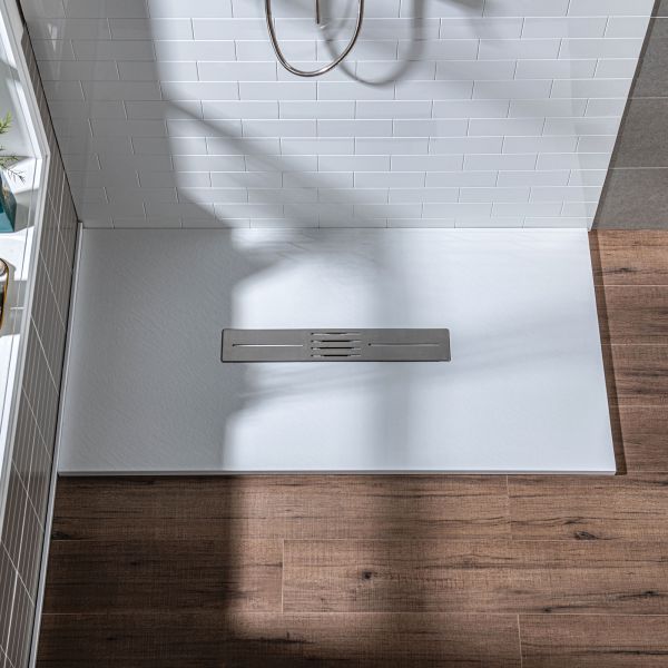  WOODBRIDGE 60-in L x 32-in W Zero Threshold End Drain Shower Base with Center Drain Placement, Matching Decorative Drain Plate and Tile Flange, Wheel Chair Access, Low Profile, White_12499