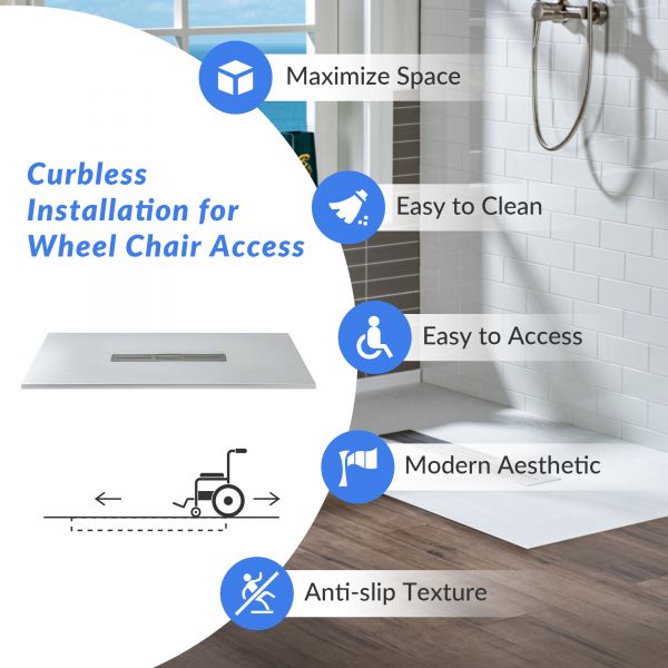  WOODBRIDGE 60-in L x 36-in W Zero Threshold End Drain Shower Base with Center Drain Placement, Matching Decorative Drain Plate and Tile Flange, Wheel Chair Access, Low Profile, White_12547