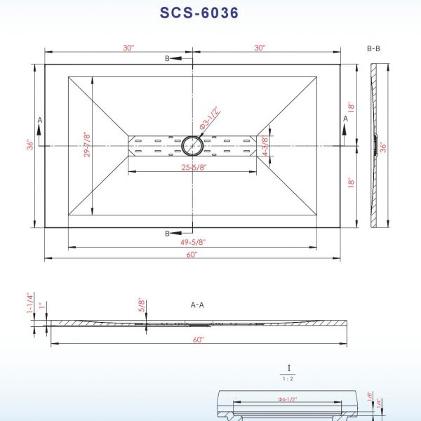  WOODBRIDGE 60-in L x 36-in W Zero Threshold End Drain Shower Base with Center Drain Placement, Matching Decorative Drain Plate and Tile Flange, Wheel Chair Access, Low Profile, White_12550