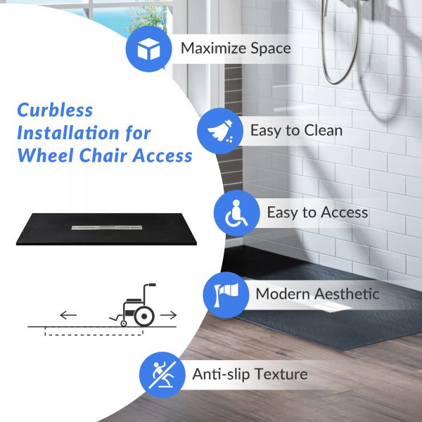  WOODBRIDGE 60-in L x 36-in W Zero Threshold End Drain Shower Base with Center Drain Placement, Matching Decorative Drain Plate and Tile Flange, Wheel Chair Access, Low Profile, Black_12563