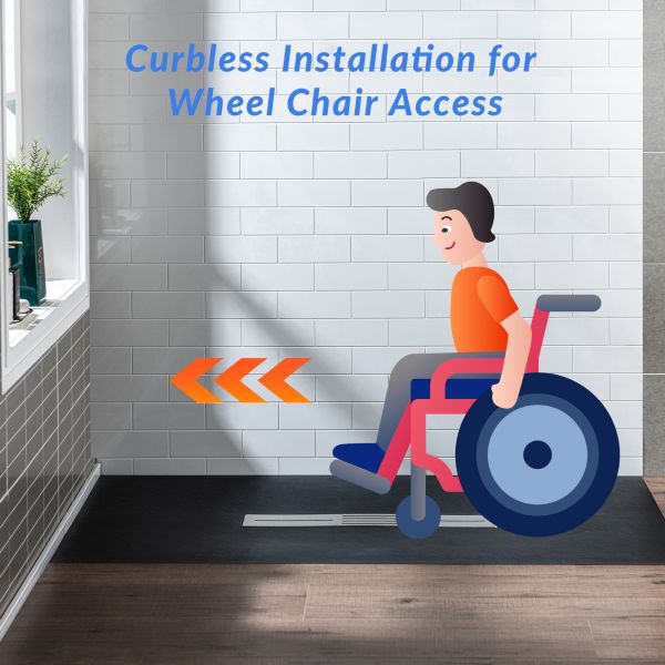  WOODBRIDGE 60-in L x 36-in W Zero Threshold End Drain Shower Base with Center Drain Placement, Matching Decorative Drain Plate and Tile Flange, Wheel Chair Access, Low Profile, Black_12564