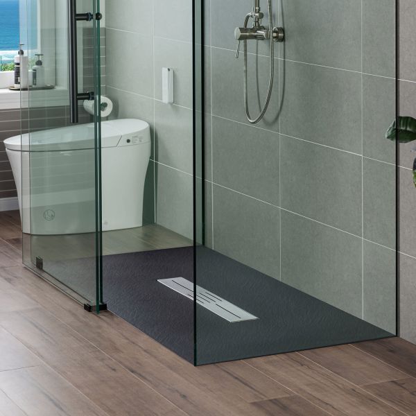  WOODBRIDGE 60-in L x 36-in W Zero Threshold End Drain Shower Base with Center Drain Placement, Matching Decorative Drain Plate and Tile Flange, Wheel Chair Access, Low Profile, Black_12567