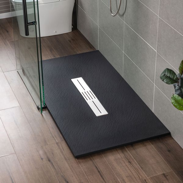  WOODBRIDGE 60-in L x 36-in W Zero Threshold End Drain Shower Base with Center Drain Placement, Matching Decorative Drain Plate and Tile Flange, Wheel Chair Access, Low Profile, Black_12568