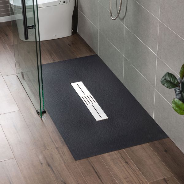  WOODBRIDGE 60-in L x 36-in W Zero Threshold End Drain Shower Base with Center Drain Placement, Matching Decorative Drain Plate and Tile Flange, Wheel Chair Access, Low Profile, Black_12569