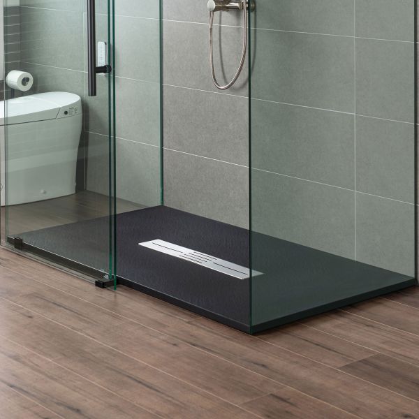  WOODBRIDGE 60-in L x 36-in W Zero Threshold End Drain Shower Base with Center Drain Placement, Matching Decorative Drain Plate and Tile Flange, Wheel Chair Access, Low Profile, Black_12573