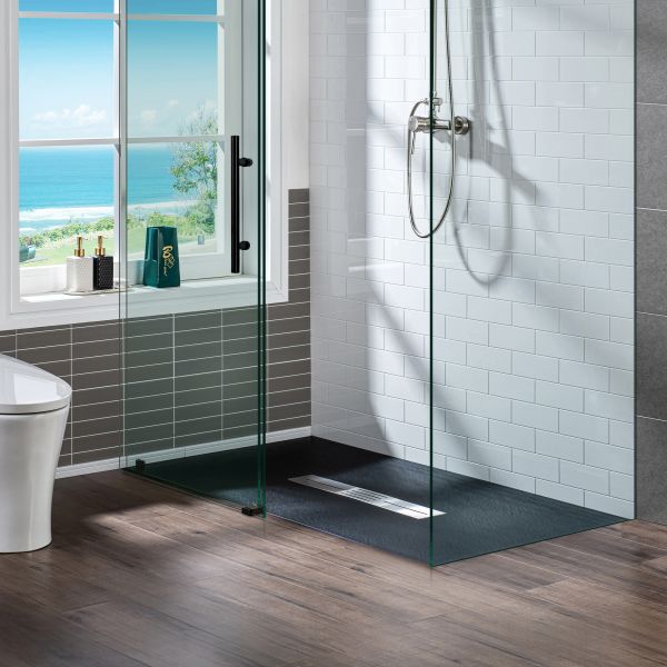  WOODBRIDGE 60-in L x 36-in W Zero Threshold End Drain Shower Base with Center Drain Placement, Matching Decorative Drain Plate and Tile Flange, Wheel Chair Access, Low Profile, Black_12560