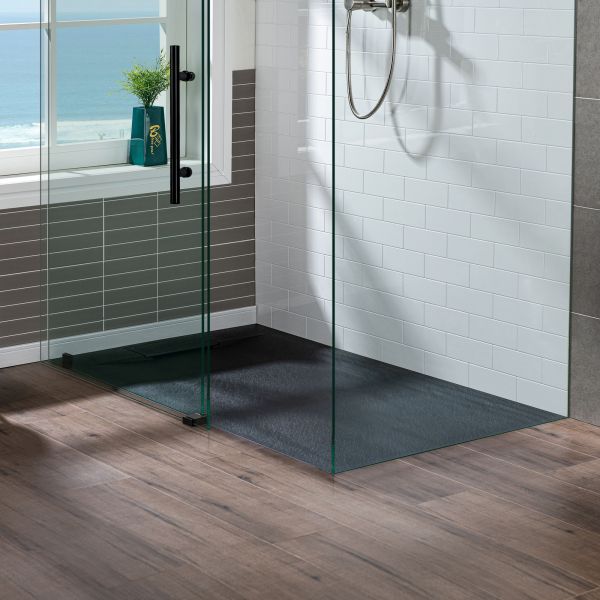 WOODBRIDGE 48-in L x 36-in W Zero Threshold End Drain Shower Base with Reversable Drain Placement, Matching Decorative Drain Plate and Tile Flange, Wheel Chair Access, Low Profile, Black