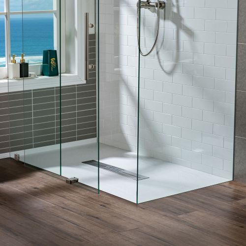 WOODBRIDGE 60-in L x 36-in W Zero Threshold End Drain Shower Base with Center Drain Placement, Matching Decorative Drain Plate and Tile Flange, Wheel Chair Access, Low Profile, White