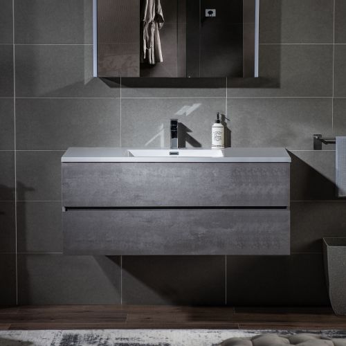 WOODBRIDGE 48 in. W x 18-7/8 in. D Contemporary Wall Hung Floating Vanity in Gray with Resin Composite Vanity Top in White with matching finish sink.