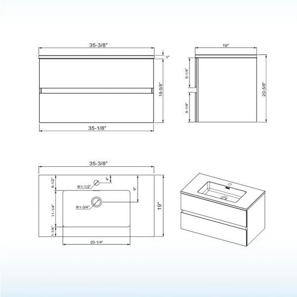 ᐅ【WOODBRIDGE 36 in. W x 187/8 in. D Contemporary Wall Hung Floating