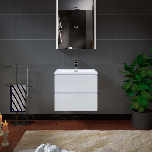 WOODBRIDGE 24 in. W x 18-7/8 in. D Contemporary Wall Hung Floating Vanity in High Gloss White with Resin Composite Vanity Top in White with matching finish sink.