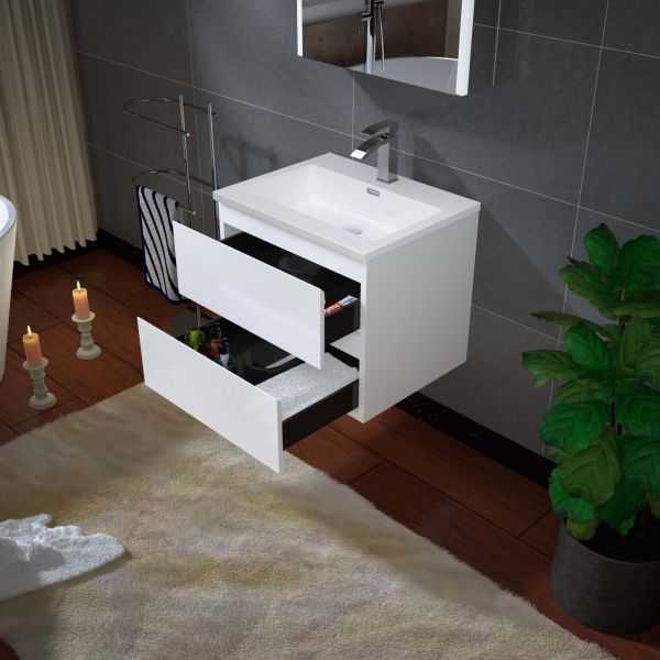 WOODBRIDGE 24 in. W x 18-7/8 in. D Contemporary Wall Hung Floating Vanity in High Gloss White with Resin Composite Vanity Top in White with matching finish sink.